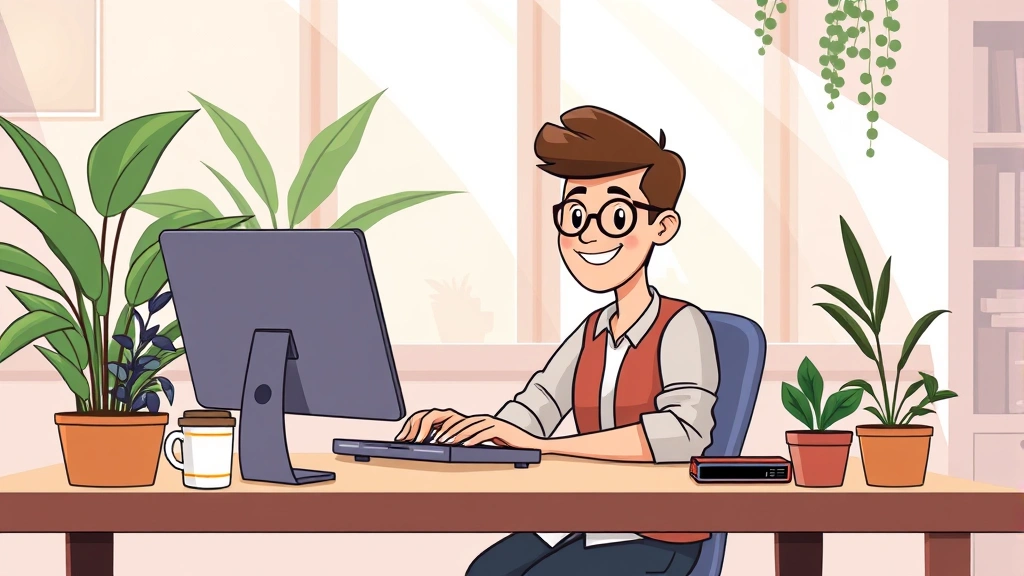 Cartoon professional freelancer working on laptop at home office desk with coffee cup, plants, and natural sunlight streaming through window, happy relaxed expression