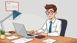Professional freelancer working at desk with laptop, calculator, and tax documents, cartoon style illustration