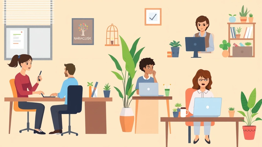Cartoon illustration of diverse professionals working independently at different desk setups with laptops, coffee cups, and plants, showing remote work flexibility and autonomy