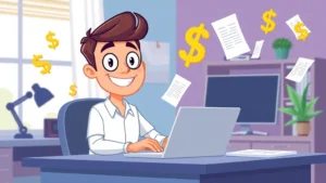 Cartoon freelancer sitting at desk with laptop, smiling, surrounded by floating dollar signs and contract documents, professional home office background, vibrant colors