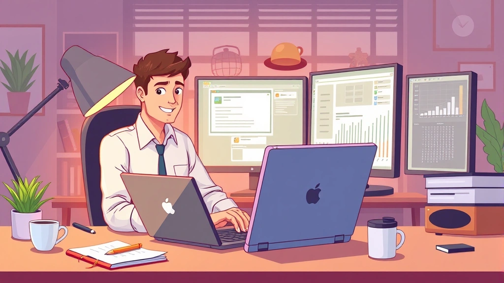 Professional contractor working on laptop at home office desk with multiple monitors, surrounded by coffee cup and notebook, cartoon style with warm colors