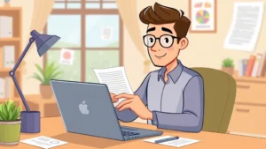 Professional freelancer working at laptop with calculator and tax documents, cartoon style, warm colors, focused expression, home office setting