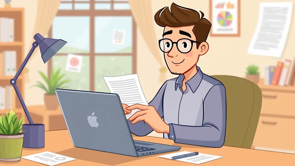 Professional freelancer working at laptop with calculator and tax documents, cartoon style, warm colors, focused expression, home office setting