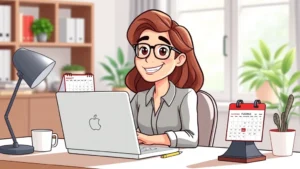Cartoon freelancer sitting at home desk with laptop, coffee cup, and calendar showing flexible schedule, smiling with relaxed professional posture, bright home office background with natural light
