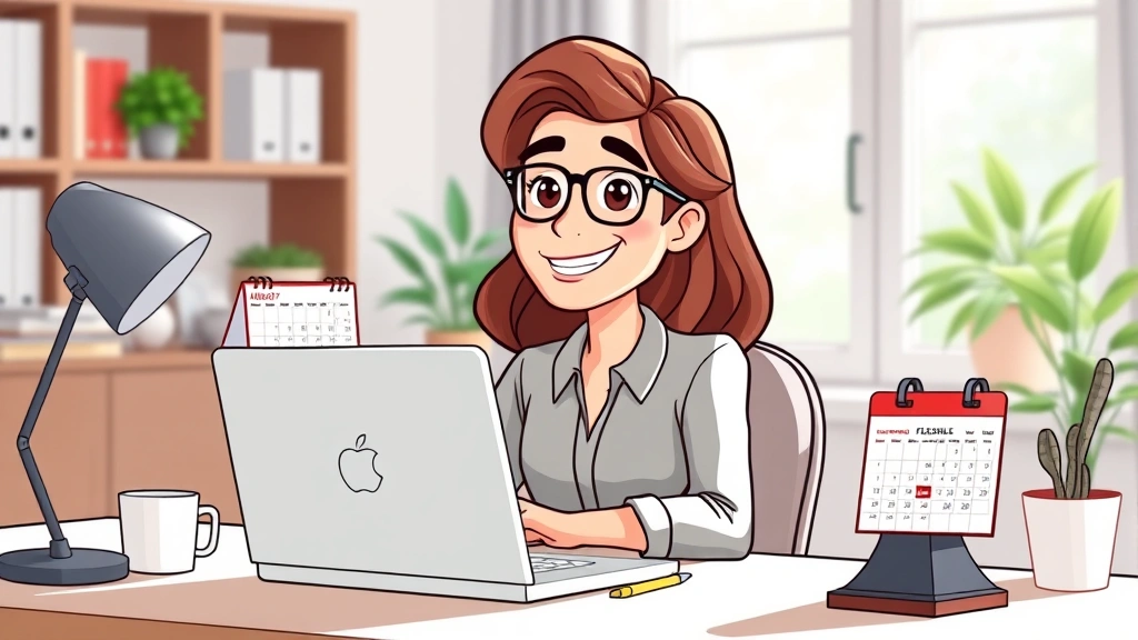 Cartoon freelancer sitting at home desk with laptop, coffee cup, and calendar showing flexible schedule, smiling with relaxed professional posture, bright home office background with natural light
