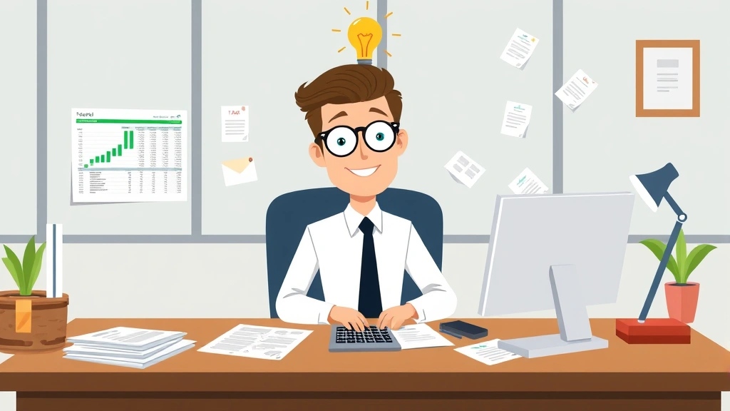 Cartoon professional sitting at desk with calculator, spreadsheet on computer screen, tax documents scattered, light bulb above head representing tax ideas, modern office setting