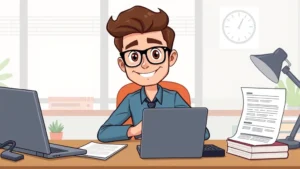 Cartoon freelancer at desk with laptop, calculator, and tax documents, confident professional expression, modern workspace setup