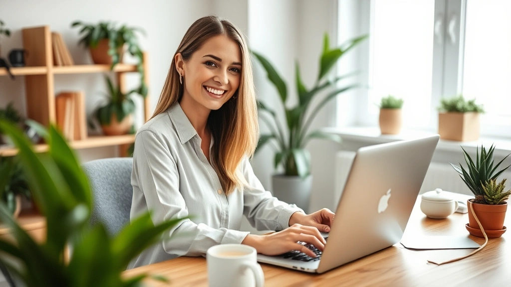 Professional woman working at laptop from home office with plants and coffee cup, smiling confidently while managing multiple projects on computer screen