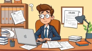 Cartoon illustration of a professional sitting at desk with laptop, calculator, and tax documents spread around, looking thoughtful while managing 1099 finances