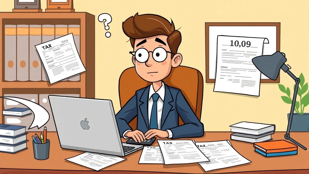 Cartoon illustration of a professional sitting at desk with laptop, calculator, and tax documents spread around, looking thoughtful while managing 1099 finances