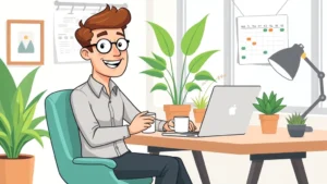 Cartoon professional freelancer sitting at desk with laptop, coffee cup, and calendar showing flexible schedule, bright modern workspace with plants, happy expression, remote work setup illustration