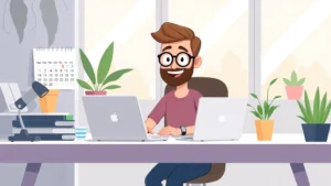 Cartoon freelancer working at desk with laptop, coffee, and calendar showing flexible schedule, bright workspace with plants, happy professional expression