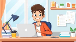 Cartoon professional freelancer sitting at home desk with laptop and coffee, smiling confidently with checklist and calendar in background, bright colorful workspace
