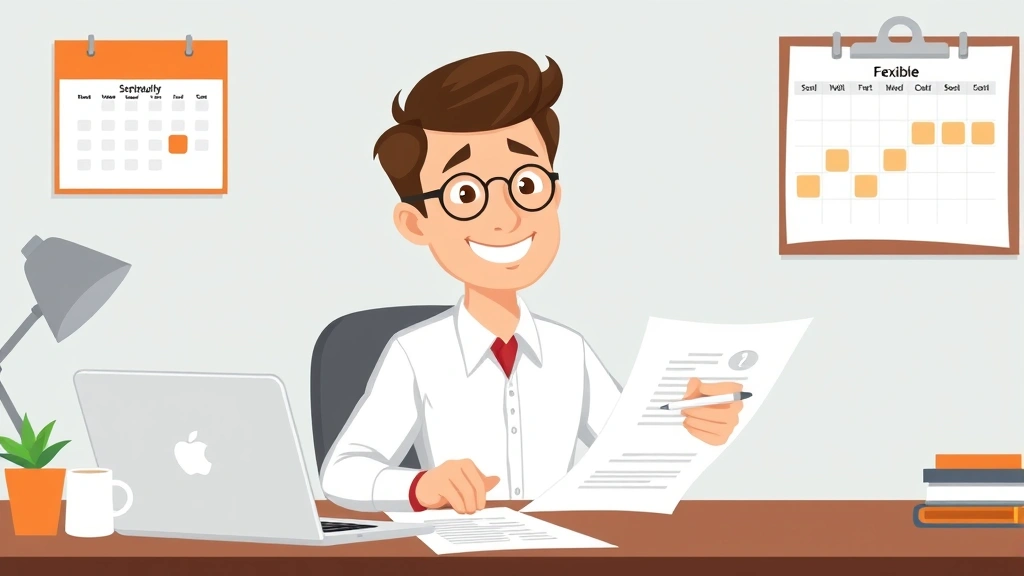 Cartoon professional contractor sitting at desk with laptop, coffee cup, and calendar showing flexible schedule, smiling confidently while reviewing contract documents with highlighter pen