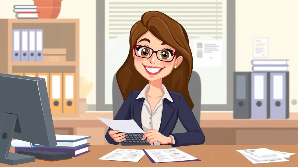 Cartoon professional woman at desk with calculator and tax forms, organized workspace with filing system, friendly expression, modern office setting