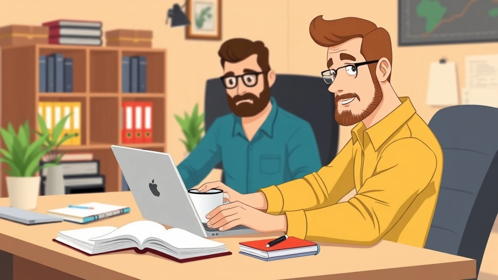 Professional contractor working on laptop at home office desk with coffee cup and notebooks, cartoon style illustration, warm colors, focused expression