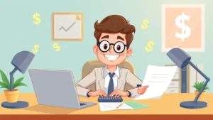 Cartoon professional freelancer sitting at desk with laptop, calculator, and documents, surrounded by floating dollar signs and checkmarks, bright workspace, happy expression