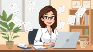 Cartoon professional woman sitting at desk with laptop, multiple floating documents and contracts around her, confident expression, home office setting with plant and coffee cup visible