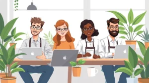Diverse professional contractors working on laptops from home offices with plants, coffee cups, and bright natural lighting, cartoon illustration style