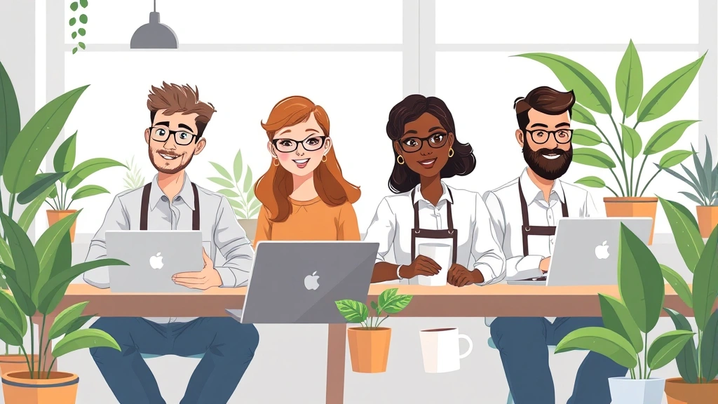 Diverse professional contractors working on laptops from home offices with plants, coffee cups, and bright natural lighting, cartoon illustration style
