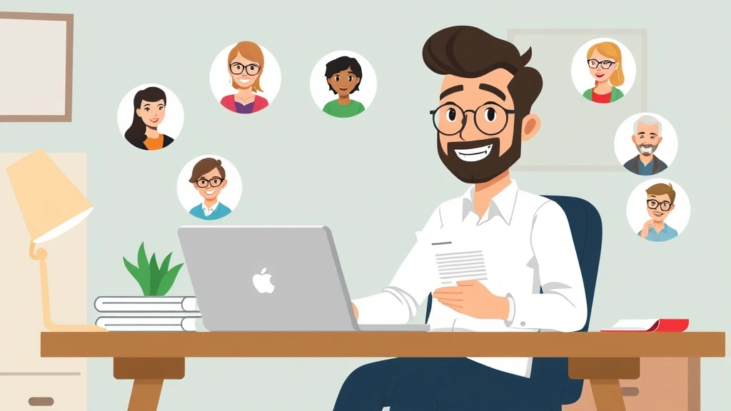 Cartoon professional contractor sitting at home office desk with laptop, multiple client avatars floating around, smiling confidently while reviewing contract documents and rate calculator