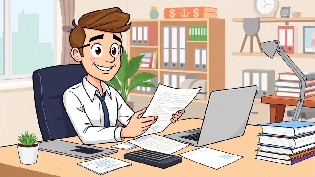 Cartoon professional freelancer at desk with laptop, calculator, and organized file folders, reviewing financial documents with satisfied expression, modern home office setting