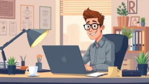 Professional freelancer working at desk with laptop, coffee cup, and organized workspace, warm office lighting, focused expression, cartoon style illustration
