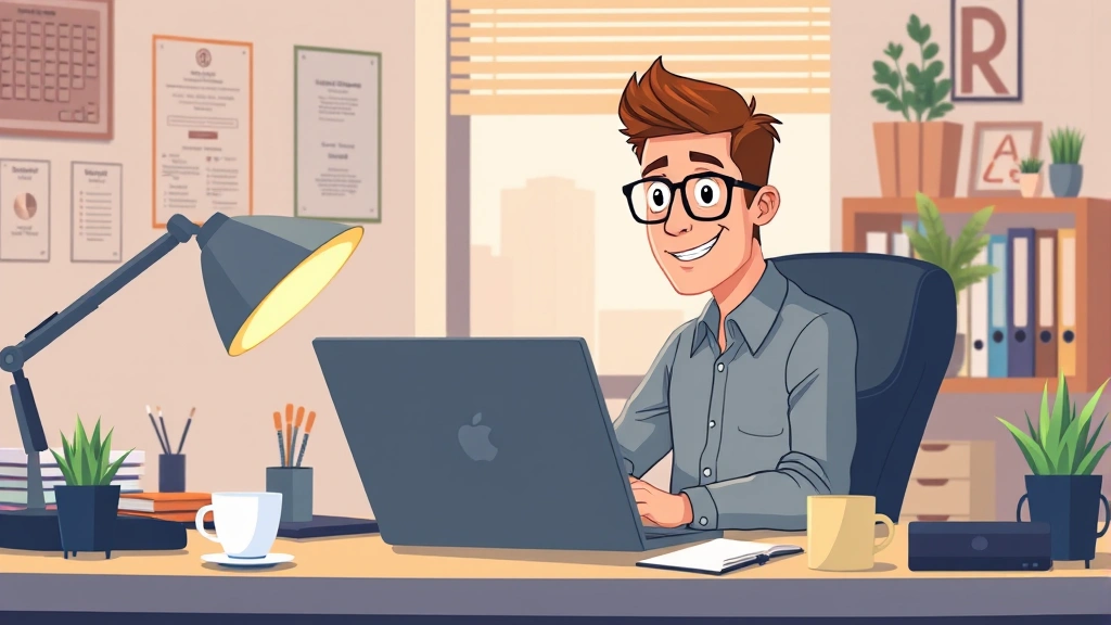 Professional freelancer working at desk with laptop, coffee cup, and organized workspace, warm office lighting, focused expression, cartoon style illustration