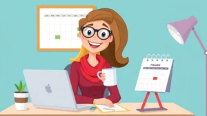 Cartoon professional freelancer sitting at desk with laptop, coffee cup, and calendar showing flexible schedule, smiling confidently in home office environment