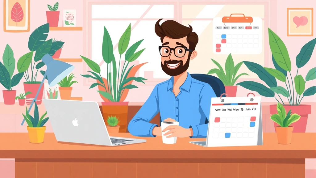 Cartoon professional freelancer sitting at desk with laptop, coffee cup, and calendar showing flexible schedule, colorful home office background with plants and natural light