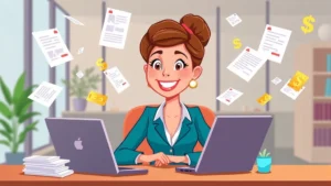 Cartoon professional woman sitting at laptop with multiple floating documents and dollar signs around her, smiling confidently, bright colors, modern workspace setting