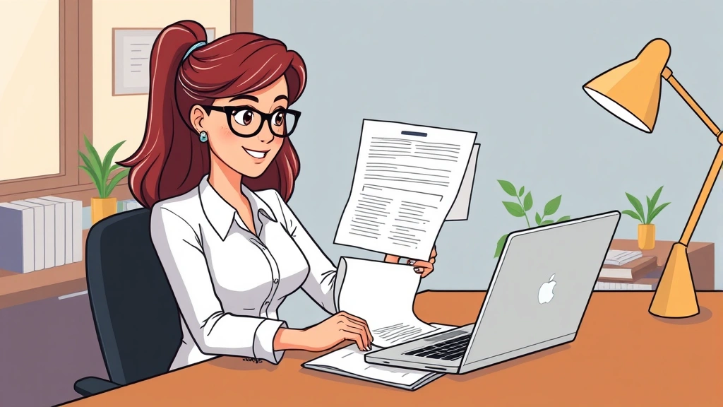 Professional woman with laptop and coffee reviewing contract documents at desk, career-focused, cartoon style, warm professional atmosphere