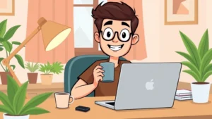 Cartoon freelancer working on laptop at home desk with coffee cup, smiling confidently, professional workspace setup with plants and desk lamp