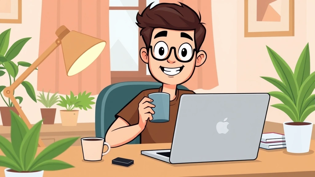 Cartoon freelancer working on laptop at home desk with coffee cup, smiling confidently, professional workspace setup with plants and desk lamp