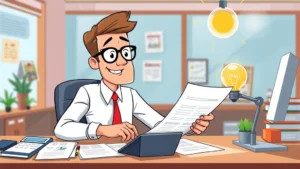 Cartoon professional analyzing tax documents and calculator at desk with lightbulb moment, vibrant office setting