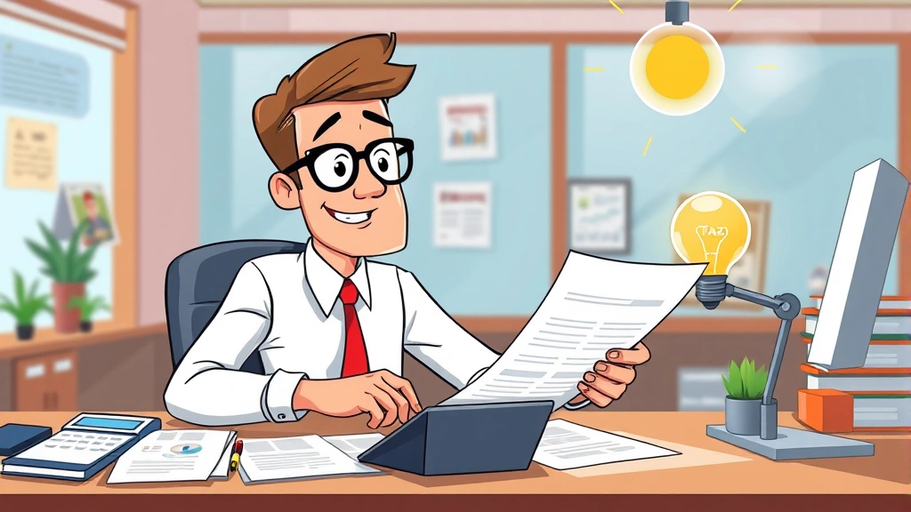 Cartoon professional analyzing tax documents and calculator at desk with lightbulb moment, vibrant office setting
