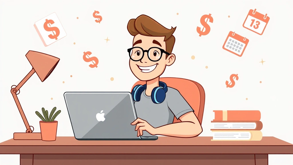 Cartoon freelancer sitting at desk with laptop, surrounded by floating dollar signs and calendar icons, smiling confidently with headphones around neck