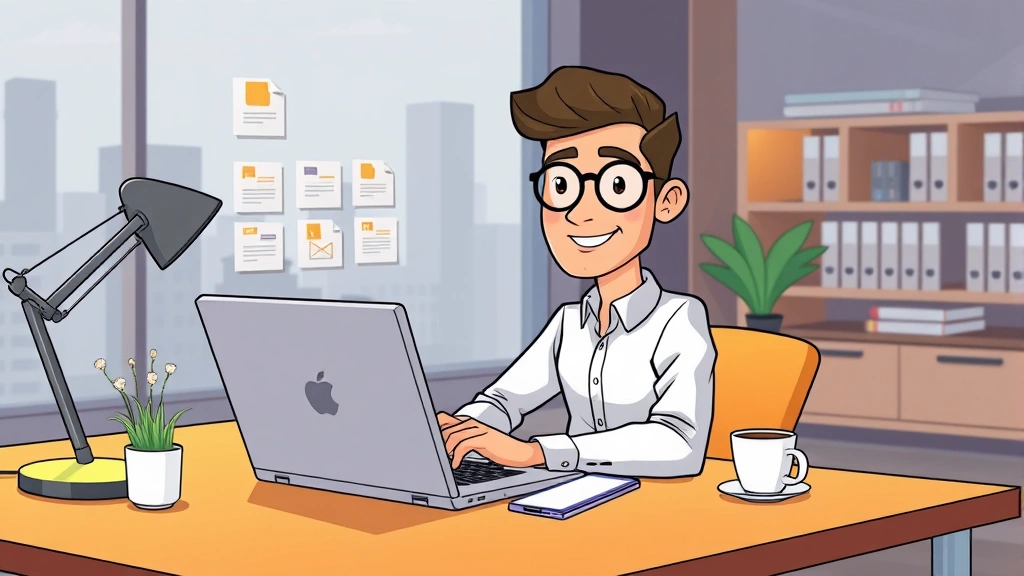 Cartoon freelancer sitting at modern desk with laptop, multiple project folders visible, smartphone showing notifications, coffee cup nearby, warm office lighting, professional attire, confident expression