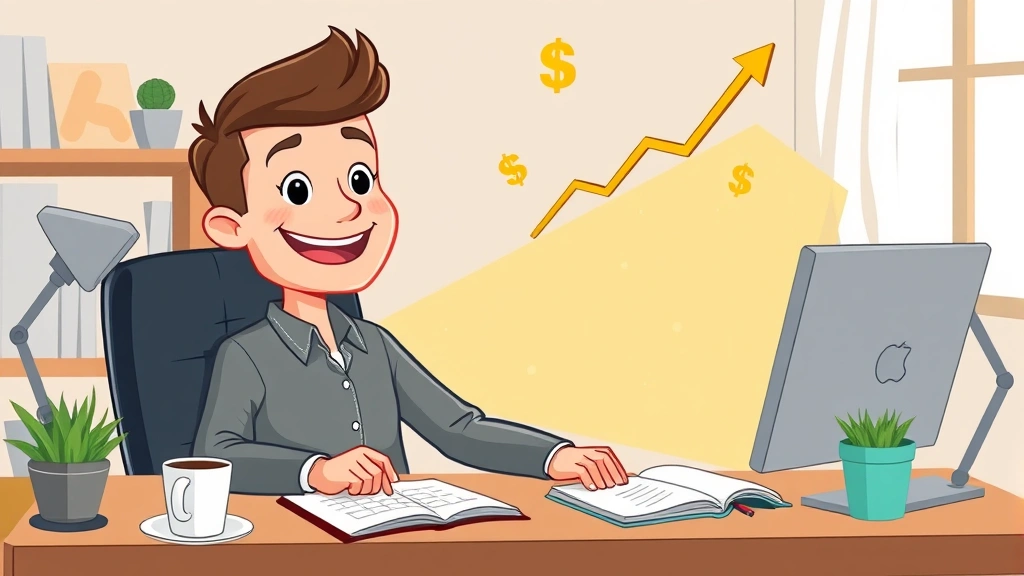 Cartoon professional freelancer sitting at home desk with laptop, coffee cup, and notebook, smiling confidently at computer screen with dollar signs and growth chart floating above