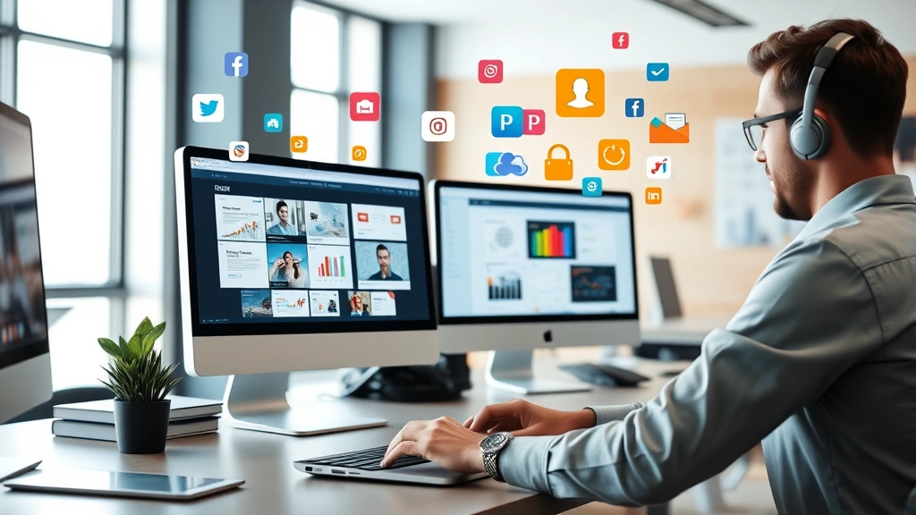 Professional contractor working at laptop with multiple client projects displayed on computer screens, colorful digital icons representing different industries floating around, bright modern office setting