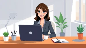 Professional woman sitting at home desk with laptop, coffee cup, and notebook, smiling while working on computer, bright natural lighting, modern minimalist workspace, cartoon illustration style