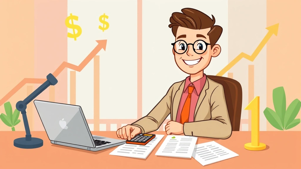 Cartoon illustration of a confident professional sitting at desk with laptop, calculator, and tax documents, surrounded by dollar signs and upward trending graph arrows, warm professional colors