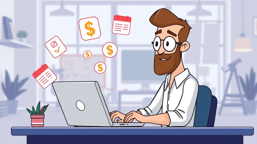 Cartoon professional freelancer working at laptop with floating dollar signs, calendar, and contract icons around them, bright modern workspace background