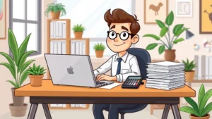 Cartoon freelancer sitting at desk with laptop, calculator, and stacks of paperwork, confident smile, professional home office setting with plants