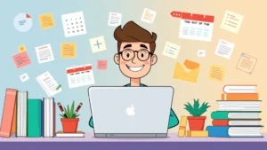 Cartoon freelancer at laptop surrounded by colorful project files and calendar, smiling confidently at computer screen