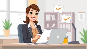 Cartoon professional woman sitting at desk with laptop, smiling confidently with papers and coffee cup, surrounded by freelance work symbols like check marks and dollar signs, bright office setting