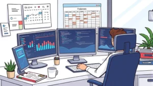 Cartoon illustration of a freelancer at a desk with multiple computer monitors and a calendar showing diverse project timelines, coffee cup nearby, bright professional workspace
