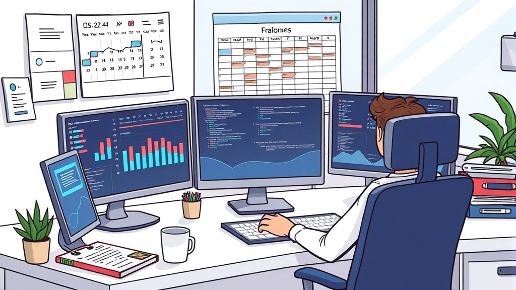 Cartoon illustration of a freelancer at a desk with multiple computer monitors and a calendar showing diverse project timelines, coffee cup nearby, bright professional workspace
