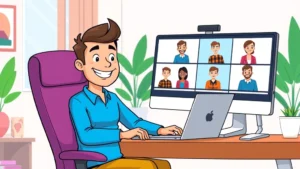 Cartoon freelancer sitting at desk with laptop, multiple client video call windows on screen, smiling confidently, bright colors, modern home office setup