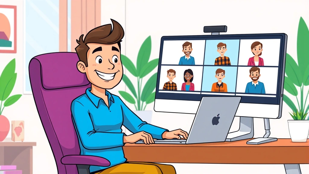 Cartoon freelancer sitting at desk with laptop, multiple client video call windows on screen, smiling confidently, bright colors, modern home office setup